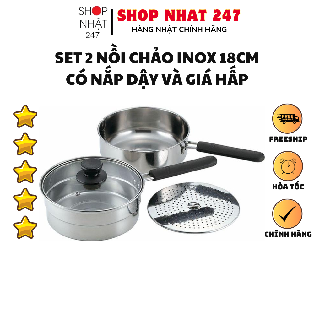 Set 2 nồi chảo 18cm kèm nắp đậy có giá hấp Kakuse nội địa Nhật Bản