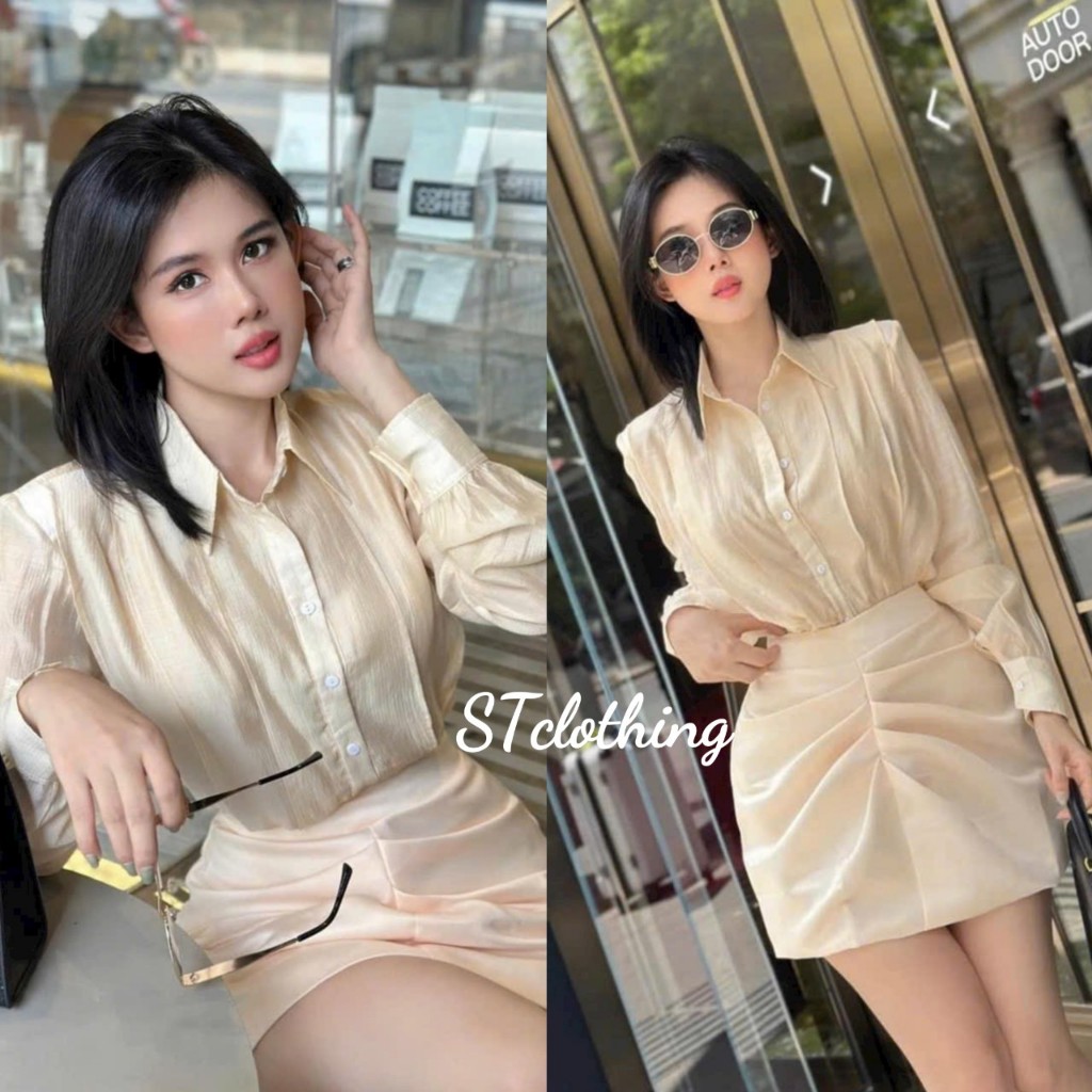 Set bộ công sở áo somi lụa kẻ vân phối váy tafta ôm bo trước sang trọng, thanh lịch