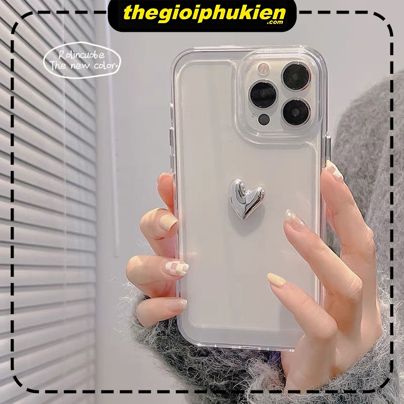 Ốp lưng iphone trong suốt siêu dày trái tim màu bạc dành cho ip 6/7/8/plus/x/xr/xs/11/12/13/14/15/pro max - xx2108