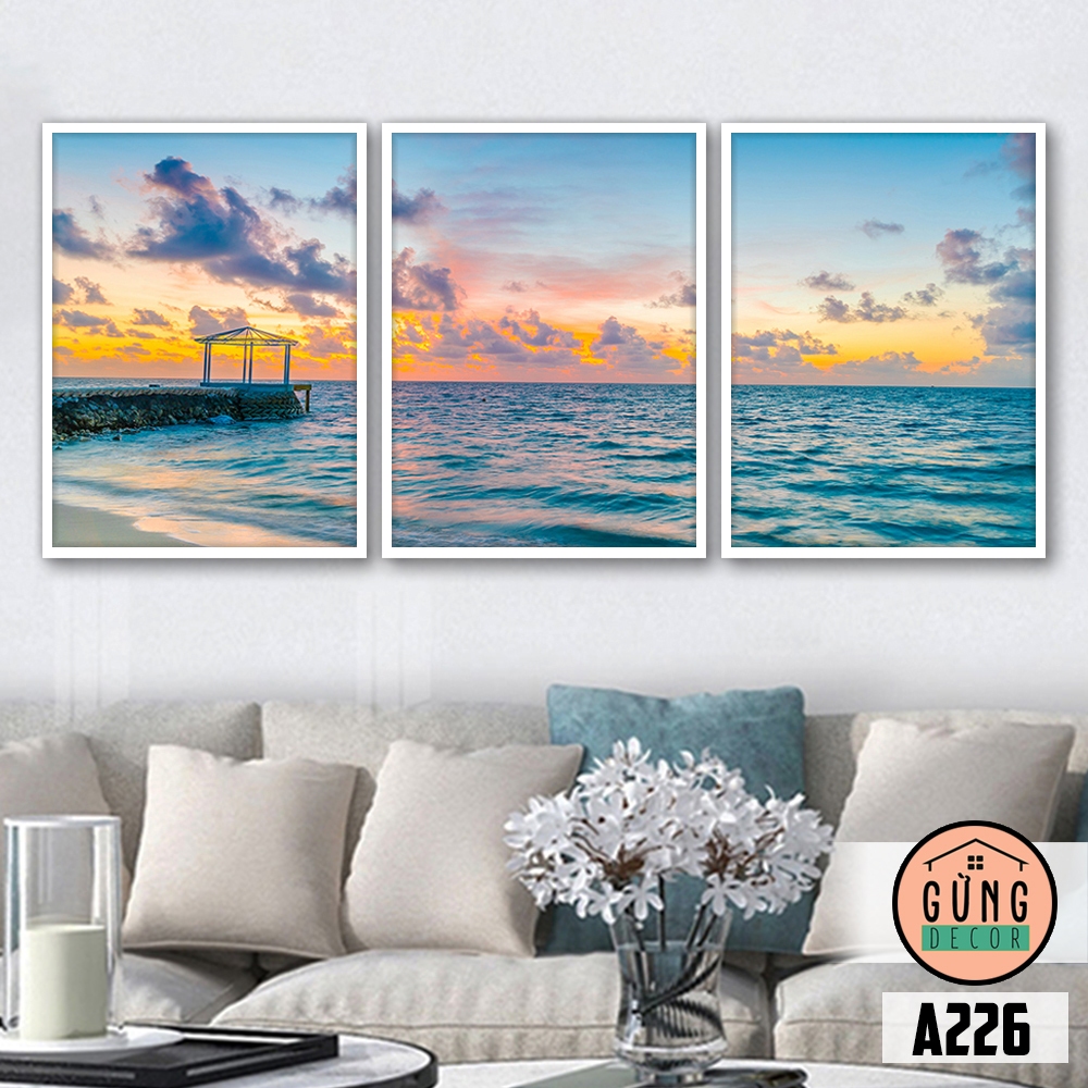Bộ 3 Tranh Treo Tường Có Khung(dày 2cm), Tranh Dán Tường Không Khung(dày 5mm) Phong Cảnh Biển (Mã A226). Tranh Trang Trí