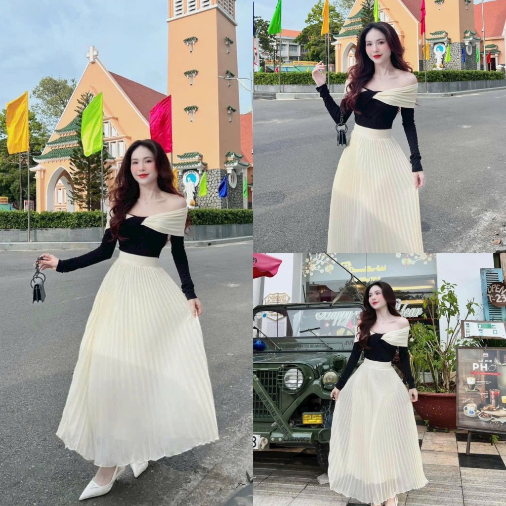 Sét bộ nữ áo thun gân trễ vai sang chảnh tay dài dễ thương mix chân váy lụa 2 lớp xinh xắn dự tiệc
