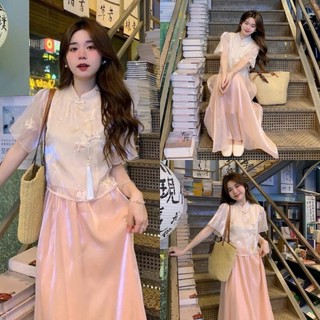  Sét bộ nữ áo voan ánh tơ sang chảnh dễ thương họa tiết voan hoa cái nút mây mix chân váy ( có lót ) xinh xắn