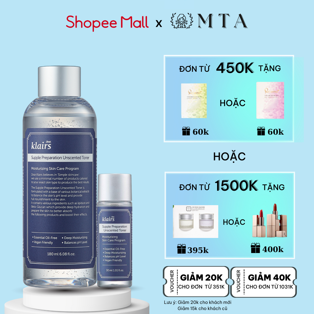 Nước hoa hồng Dear, Klairs Supple Preparation Unscented Toner dùng cho mọi loại da cả da dầu mụn nhạy cảm khô 180ml