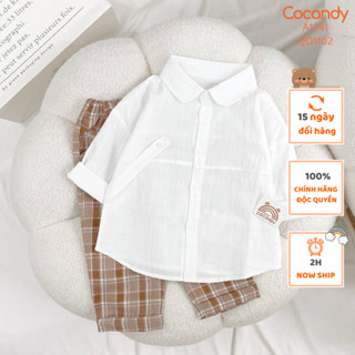 Set đồ cho bé -Áo dài sơ mi TRẮNG trơn phối dây chéo và Quần dài caro đen, đỏ cho bé của COCANDY mã A1341,QD1103