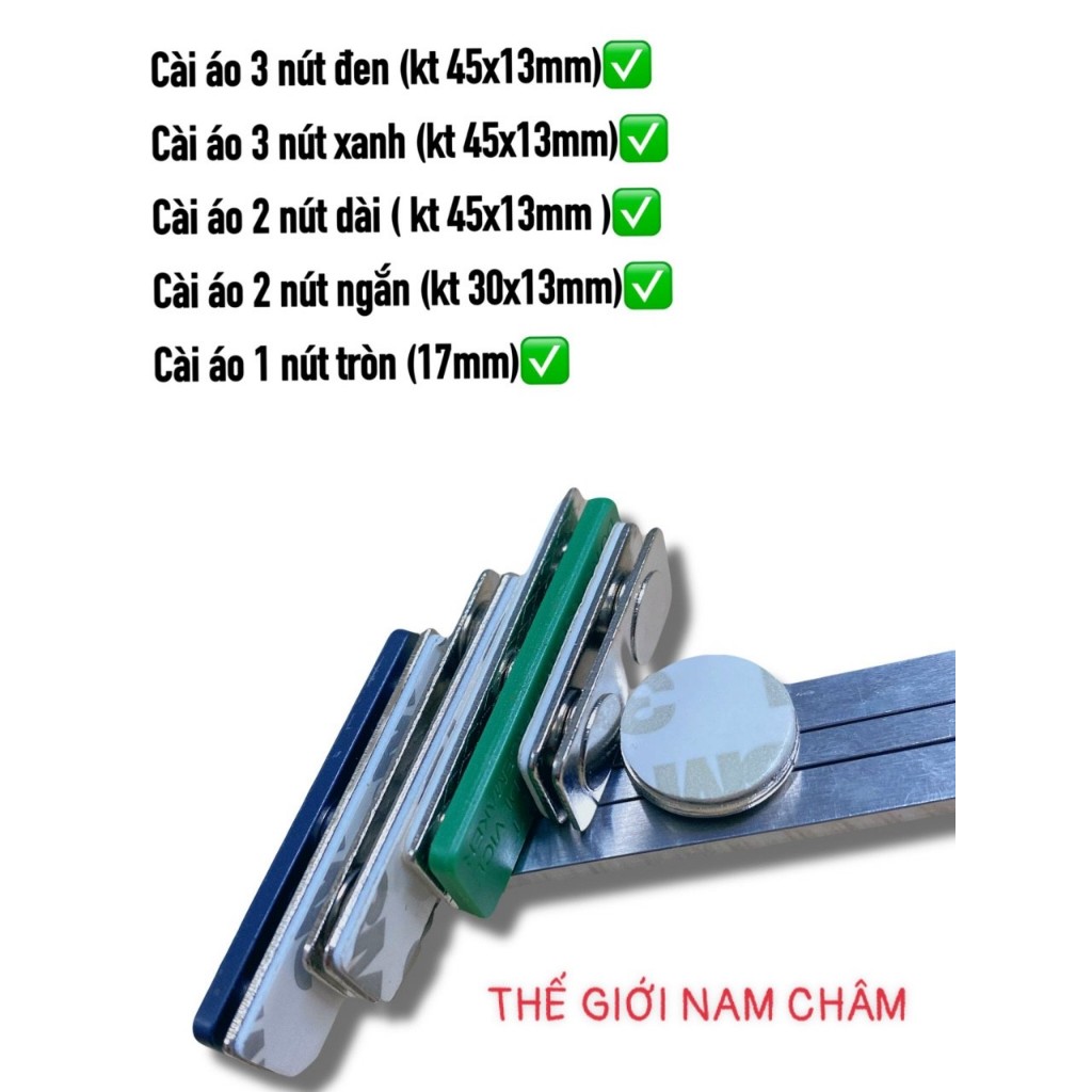 Nam châm cài áo, thẻ tên 2 nút ngắn, 2 nút dài, 3 nút xanh, 3 nút đen, 1 nút tròn