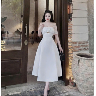 Đầm thời trang nữ dự tiệc sang trọng chất tapta trễ vai tay ngắn hoa ngực có mút bo eo dáng váy dài xoè maxi trẻ trung