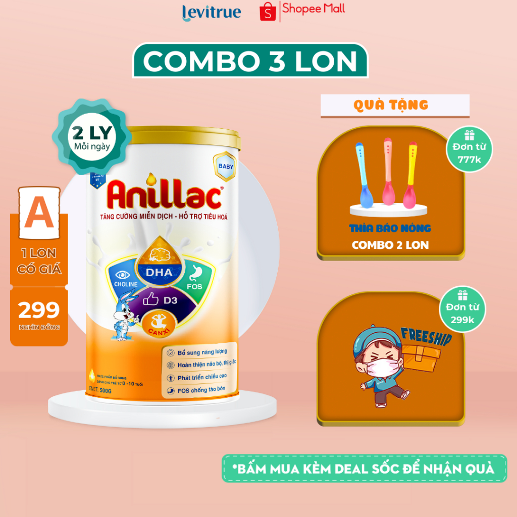 COMBO 3 Lon- Sữa bột công thức tăng cân cho trẻ thấp còi biếng ăn Anillac Medibest 500gr