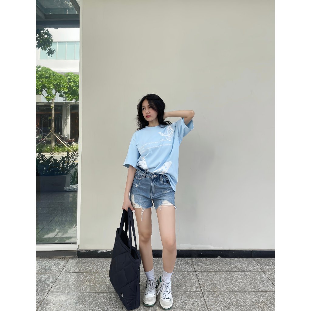 Quần Short Nữ Denim Phối Rách Lưng Cao, Quần Short Jeans Lưng Cao Ống Rộng | TIQI SHORT | Secodee