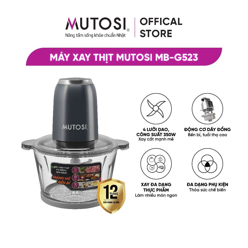 Máy xay thịt, Cối xay thịt đa năng Mutosi MB-G523, Dung tích 1,8L, Dày 6,5mm