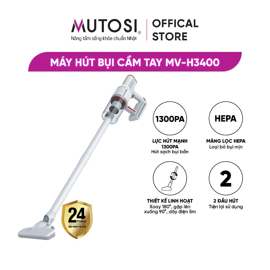 Máy hút bụi cầm tay Mutosi MV-H3400, Lực hút 13.000 PA, Khoang chưa bụi 0,8L, Bảo hành 24 tháng