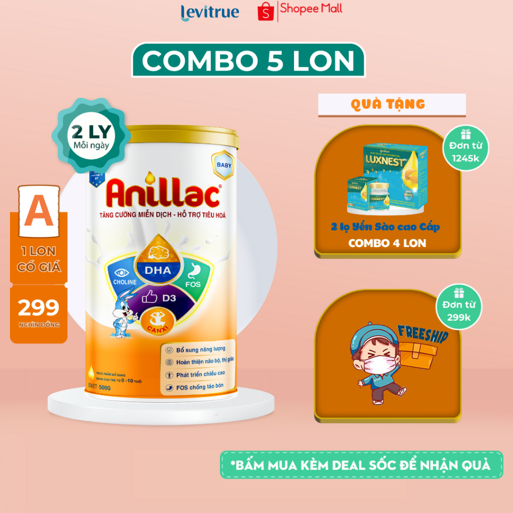 COMBO 5 lon - Sữa bột công thức tăng cân cho trẻ thấp còi biếng ăn Anillac Medibest 500gr