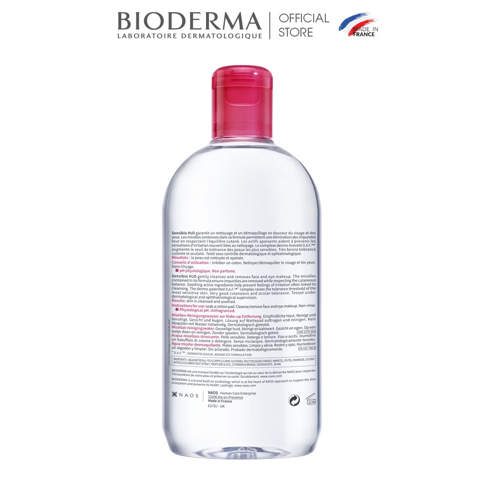 [COSBIO2 giảm 10% max 50k] Dung dịch làm sạch và tẩy trang công nghệ Micellar Bioderma Sensibio H2O - 500ml