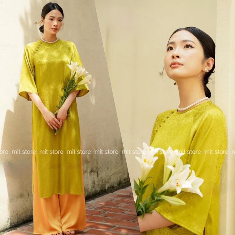 Set Áo Dài Cách Tân Gấm Tơ Mit Store-Thiết Kế Dáng Suông Nhiều Màu Cổ Tròn Đính Cúc Bọc Hàng May Sẵn