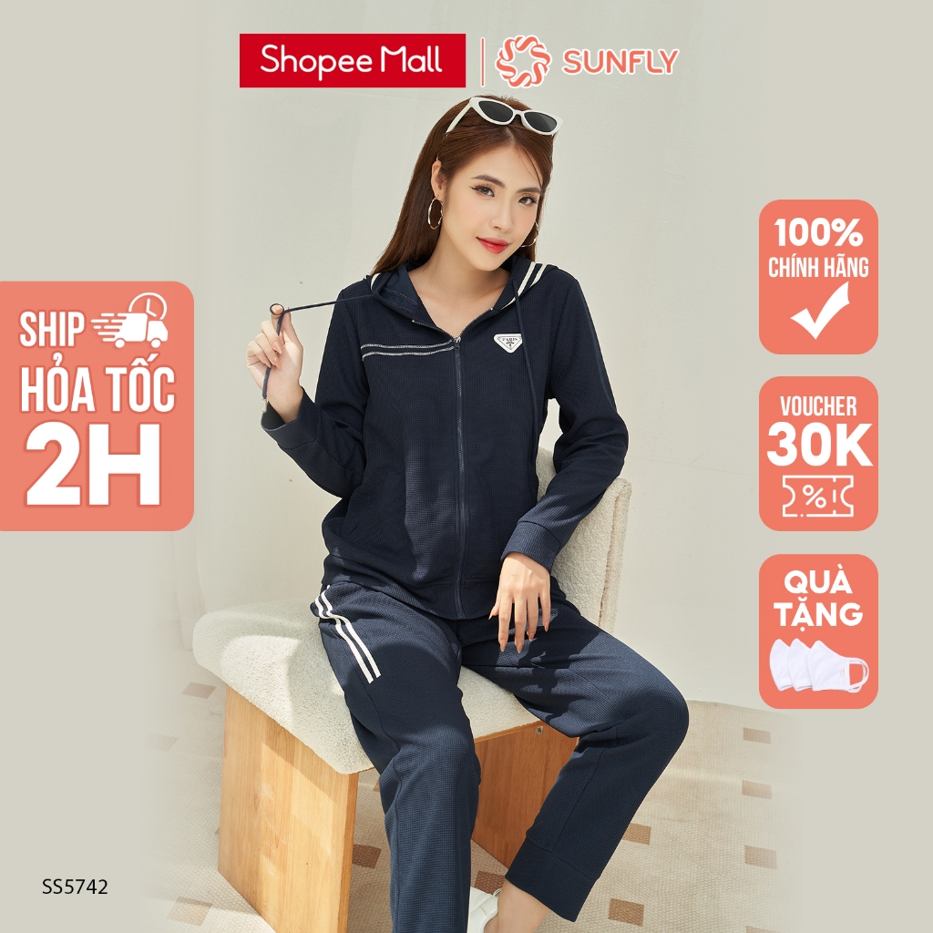 Bộ thể thao thun tổ ong SUNFLY kéo khóa có mũ áo dài quần dài SS5742