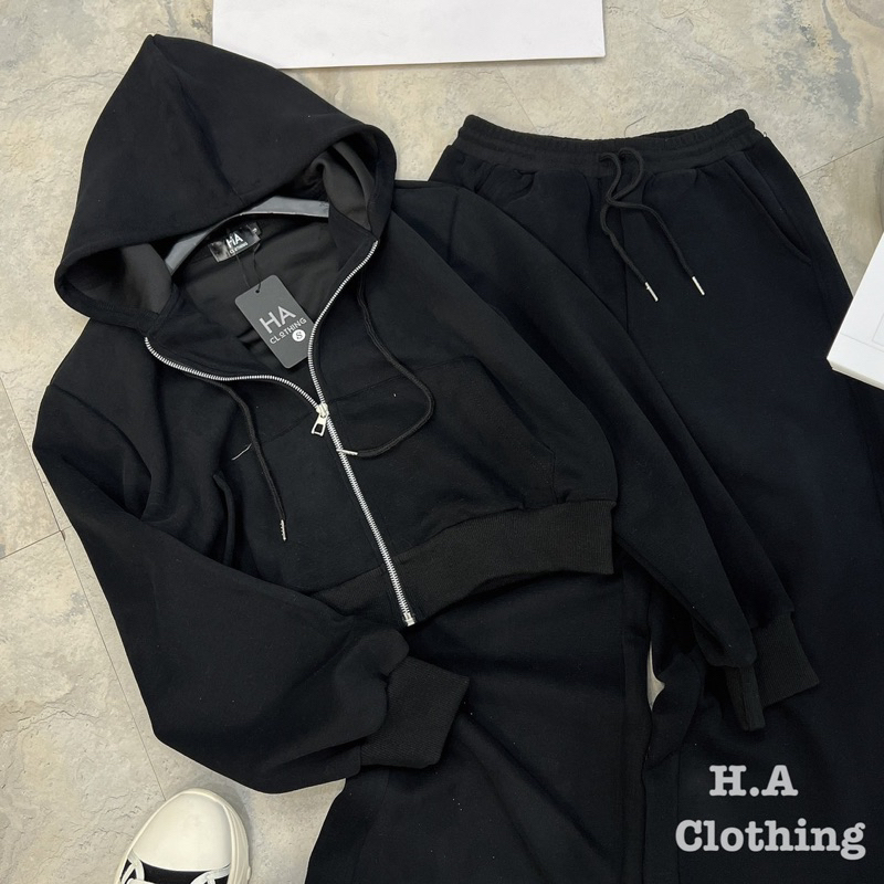 Sét áo khoác nỉ có mũ + quần xuông basic