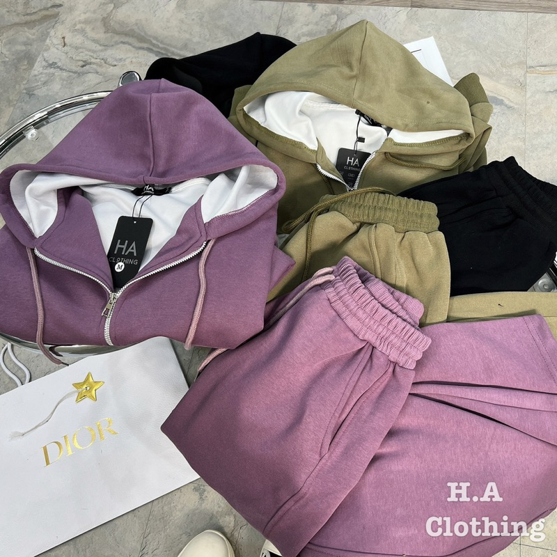 Sét áo khoác nỉ có mũ + quần xuông basic