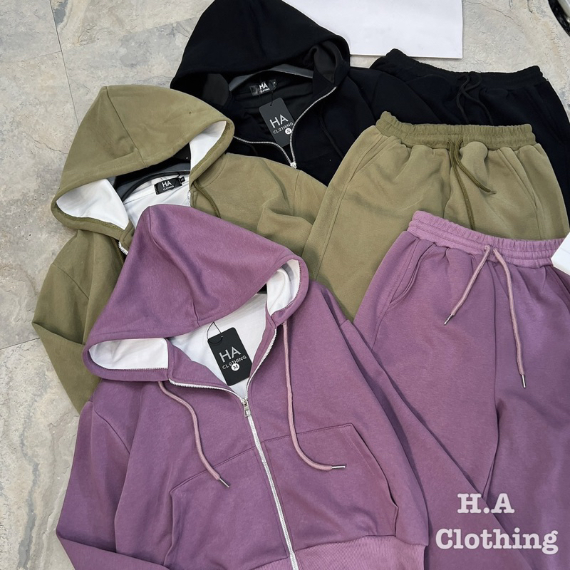 Sét áo khoác nỉ có mũ + quần xuông basic