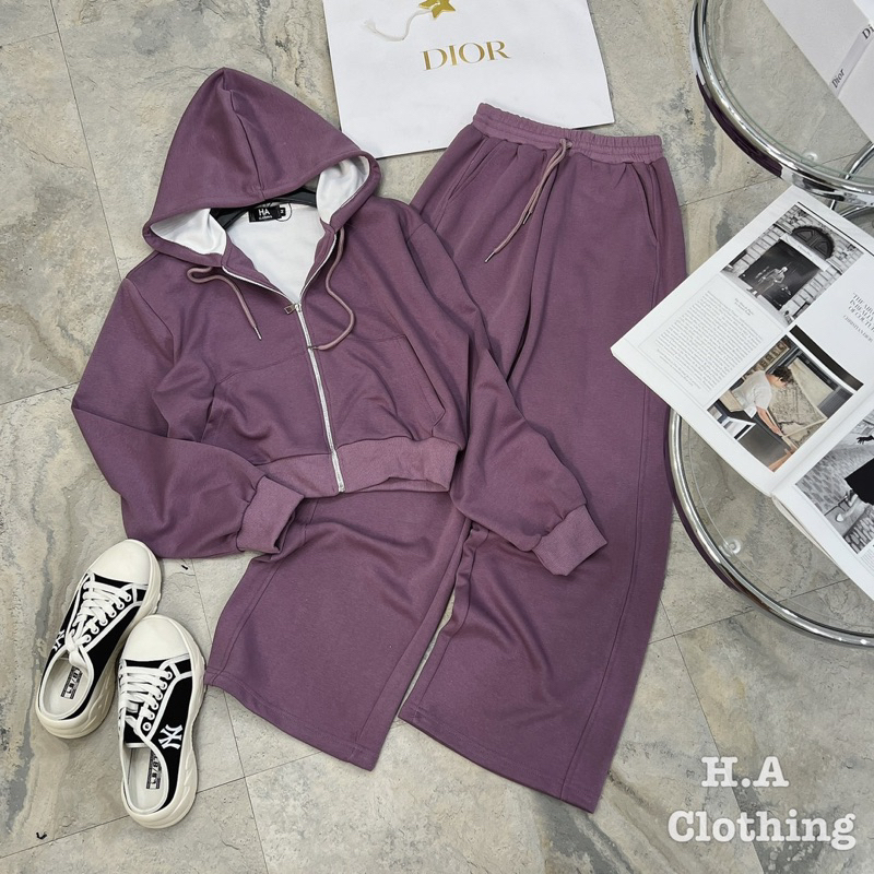 Sét áo khoác nỉ có mũ + quần xuông basic