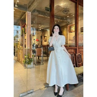 *Đẹp xuất sắc Đầm xòe đính hoa đá thời trang nữ mặc đi dự tiệc chất liệu TapTa cao cấp cổ V tay ngắn eo nơ xòe