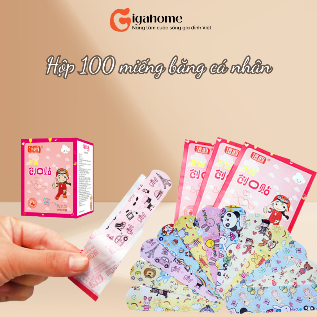 Bộ 100 Miếng Băng Cá Nhân GIGAHOMEVN Họa Tiết Hoạt Hình Dễ Thương Cho Bé 6507