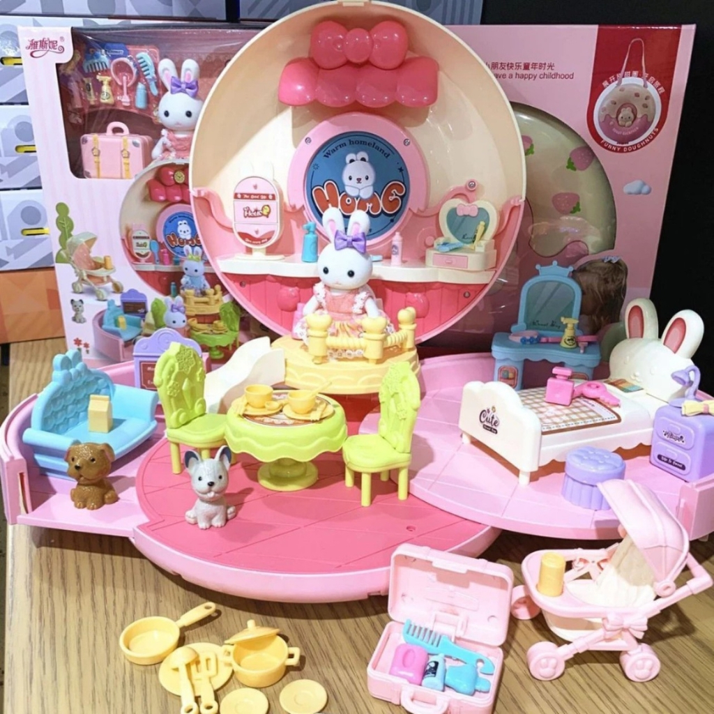 Bộ đồ chơi DIY ngôi nhà búp bê Thỏ hình chiếc bánh Donut dễ thương đáng yêu cho bé gái