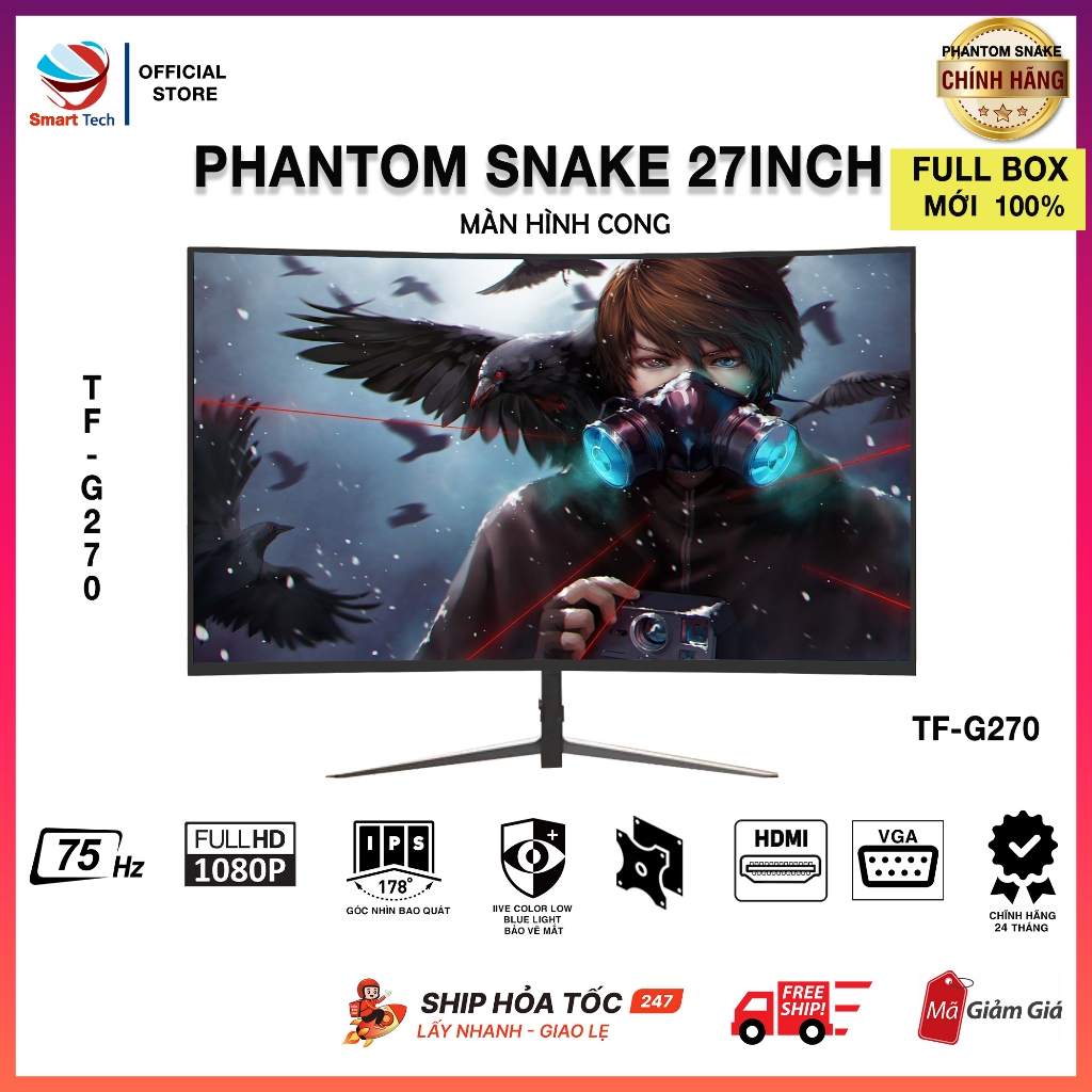 Màn hình máy tính PC 27inch Phantom Snake IPS tràn viền FULL HD|75Hz BH chính hãng 36 tháng (mặt cong 178 độ)