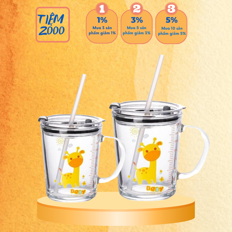 Cốc pha sữa thuỷ tinh chia vạch siêu tiện lợi có nắp và ống hút cho bé an toàn tiện dụng