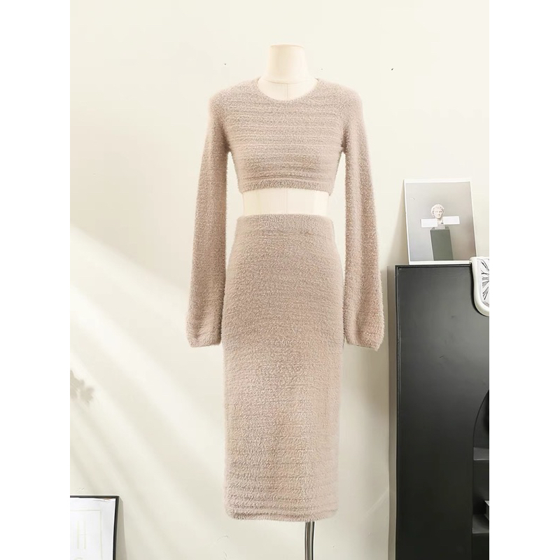 Set Váy Len Dệt Kim Dài Tone Nâu Ôm Body Siêu Tôn Dáng