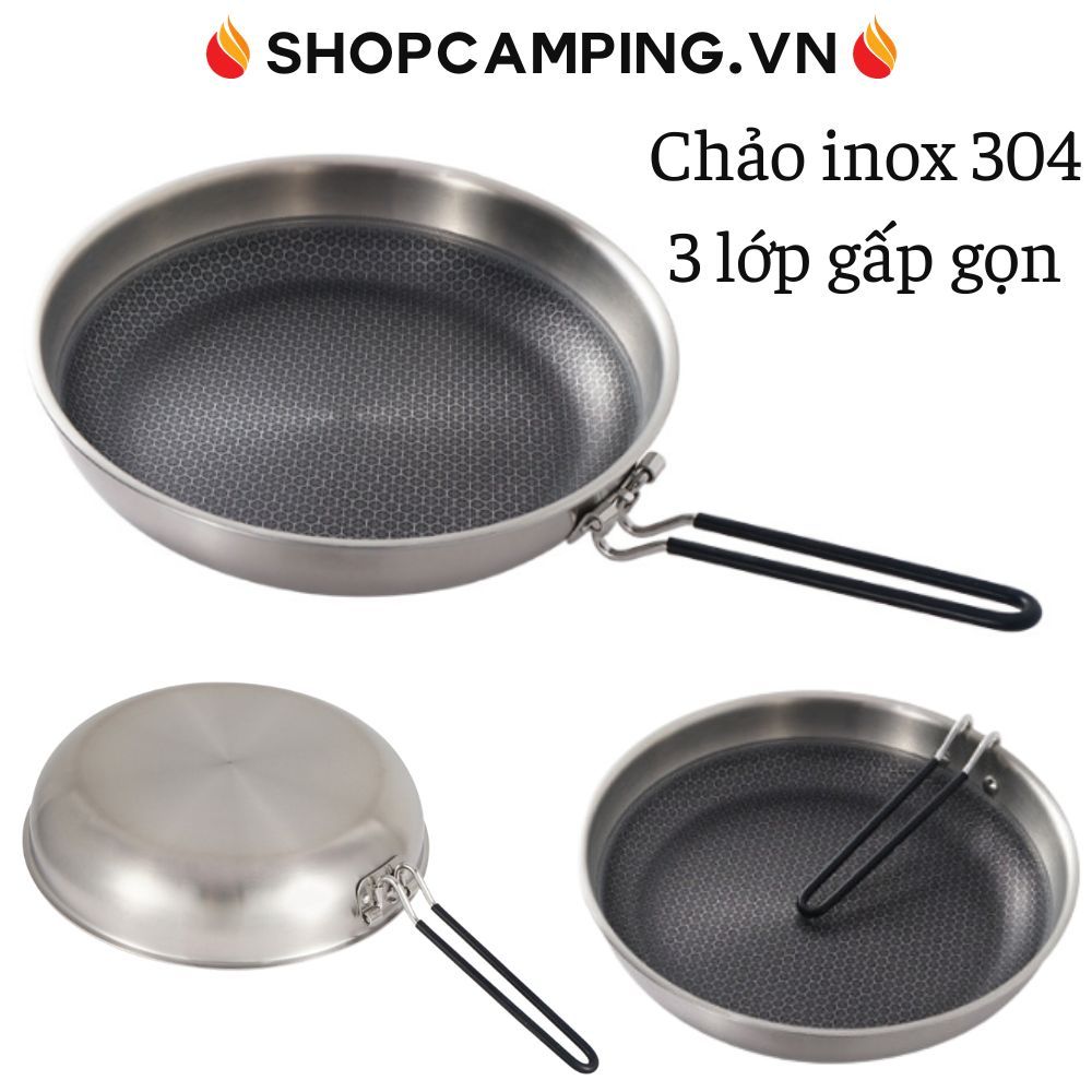 Chảo inox 304 chống dính quai gấp gọn, chảo gấp dã ngoại cắm trại - Camping VietNam