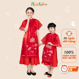 Áo dài tết cách tân 2 màu sắc Đỏ, Vàng thêu hoa sen phối chân váy ALBERKIDS cho mẹ và bé gái cho trẻ em 4-12 tuổi[AD02]
