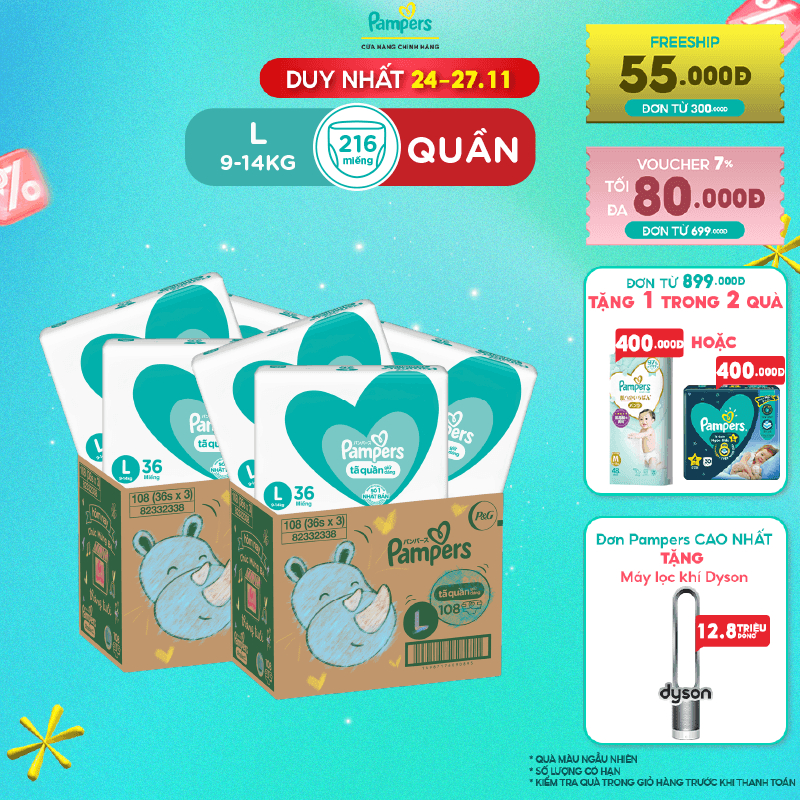 Combo 2 Thùng Tối Ưu Phí Vận Chuyển 3 Gói Tã Quần PAMPERS Giữ Dáng Size L108/ XL96/ XXL84