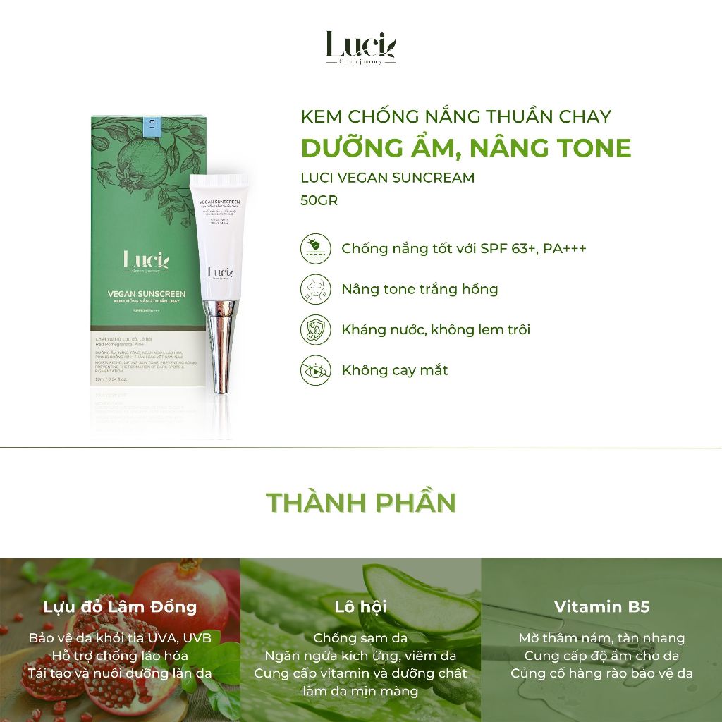Kem Chống Nắng Nâng Tone Sáng Hồng Kháng Nước Thuần Chay Luci Thành Phần Thiên Nhiên Bảo Vệ Da, Kiềm Dầu Hiệu Quả 10ml