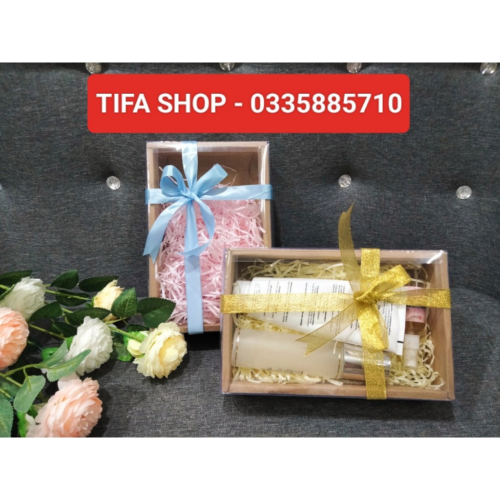 Hộp quà kraft nắp mica trong suốt kt 25x16x6cm đựng mỹ phẩm, nước hoa, trăng sức, bánh kẹo,.,,các loại quà tặng có sẵn