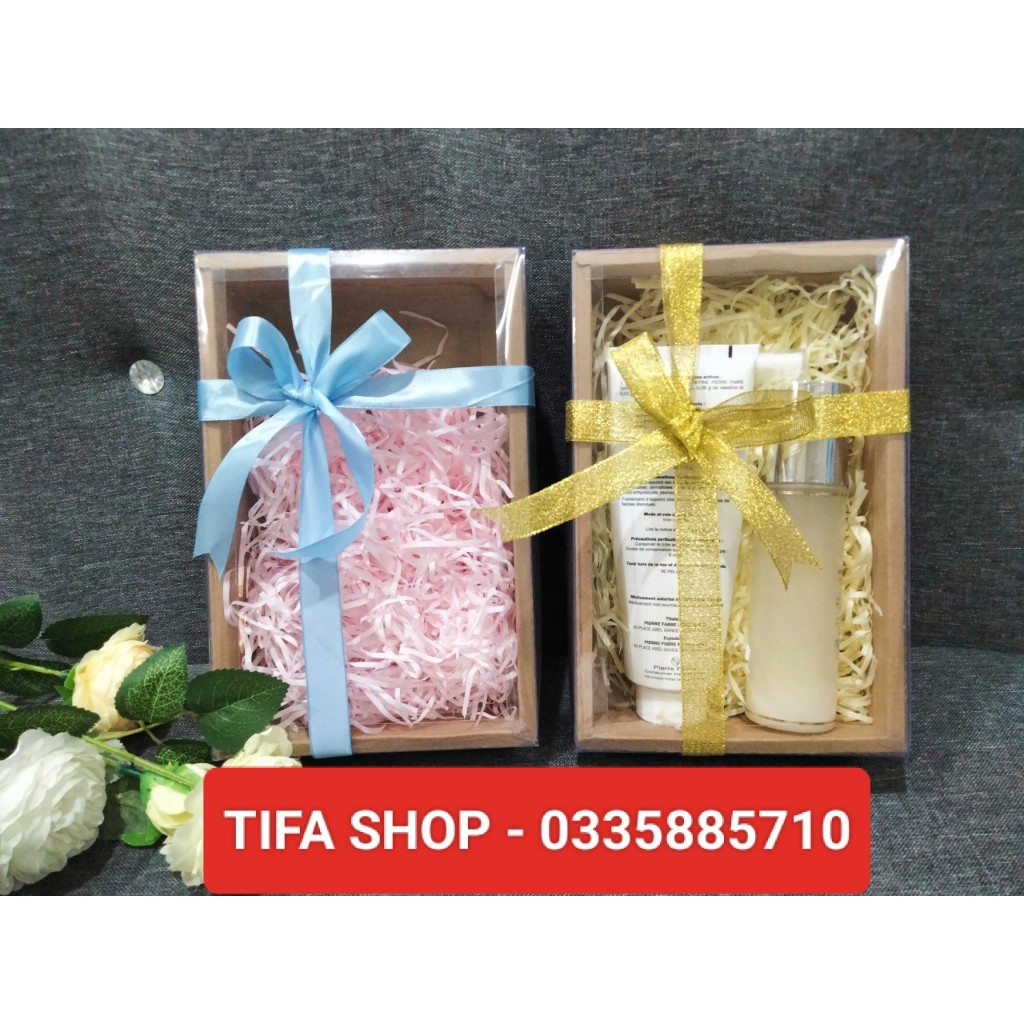 Hộp quà kraft nắp mica trong suốt kt 25x16x6cm đựng mỹ phẩm, nước hoa, trăng sức, bánh kẹo,.,,các loại quà tặng có sẵn