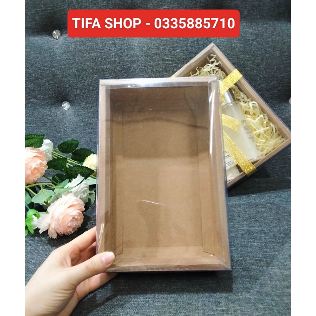 Hộp quà kraft nắp mica trong suốt kt 25x16x6cm đựng mỹ phẩm, nước hoa, trăng sức, bánh kẹo,.,,các loại quà tặng có sẵn