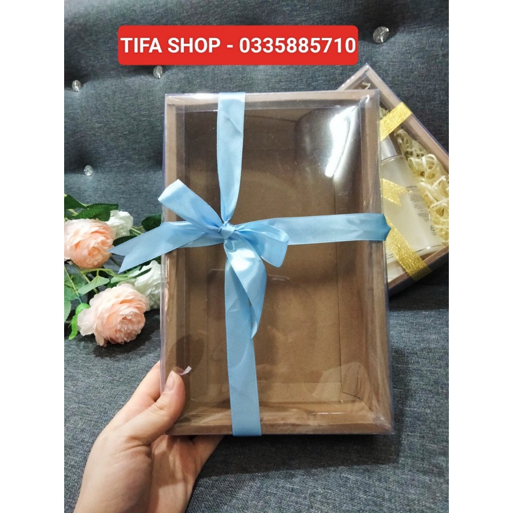 Hộp quà kraft nắp mica trong suốt kt 25x16x6cm đựng mỹ phẩm, nước hoa, trăng sức, bánh kẹo,.,,các loại quà tặng có sẵn