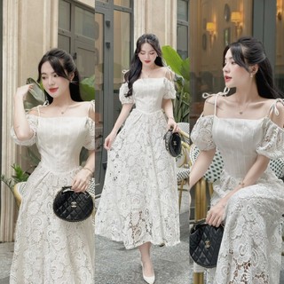VÁY REN XÒE DÀI TAY RƠI PHỐI DÂY CỘT VAI 201123