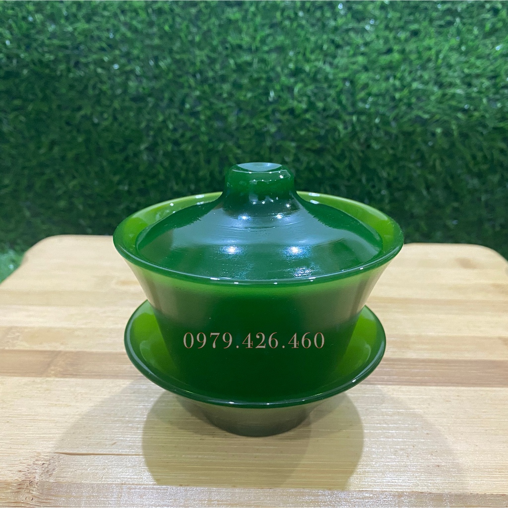 Ly Chén Uống Trà Ngọc Cẩm -Thạch Màu Xanh đậm Cao Cấp Để Thưởng Trà,Cafe,Pha Trà Gói Có Nắp Và Chân Đế Rất Tiện Dụng