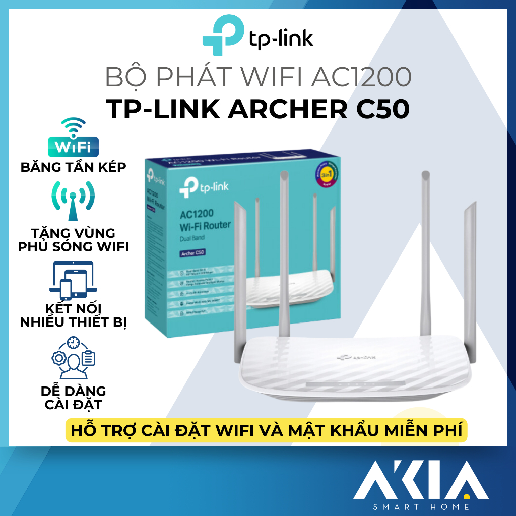 Bộ Phát Wifi TP-Link Archer C50 Chuẩn AC 1200Mbps - Băng tần kép, nhiều thiết bị kết nối đồng thời, 1 WAN 4 cổng LAN