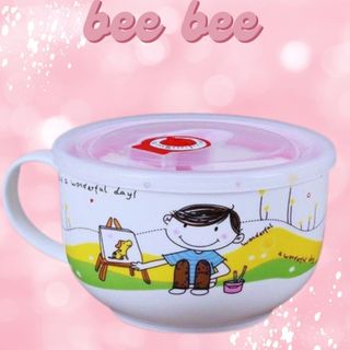Ly sứ ăn mì có quai có nắp đậy chân không - Ca ăn mì họa tiết siêu cute