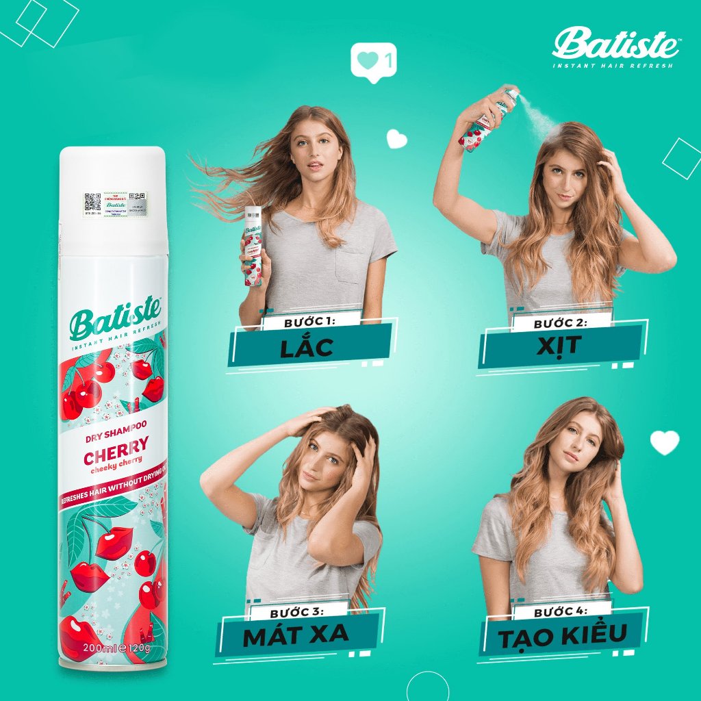Dầu gội khô số 1 Thế Giới Batiste. Hương Anh Đào Cherry - 200ml