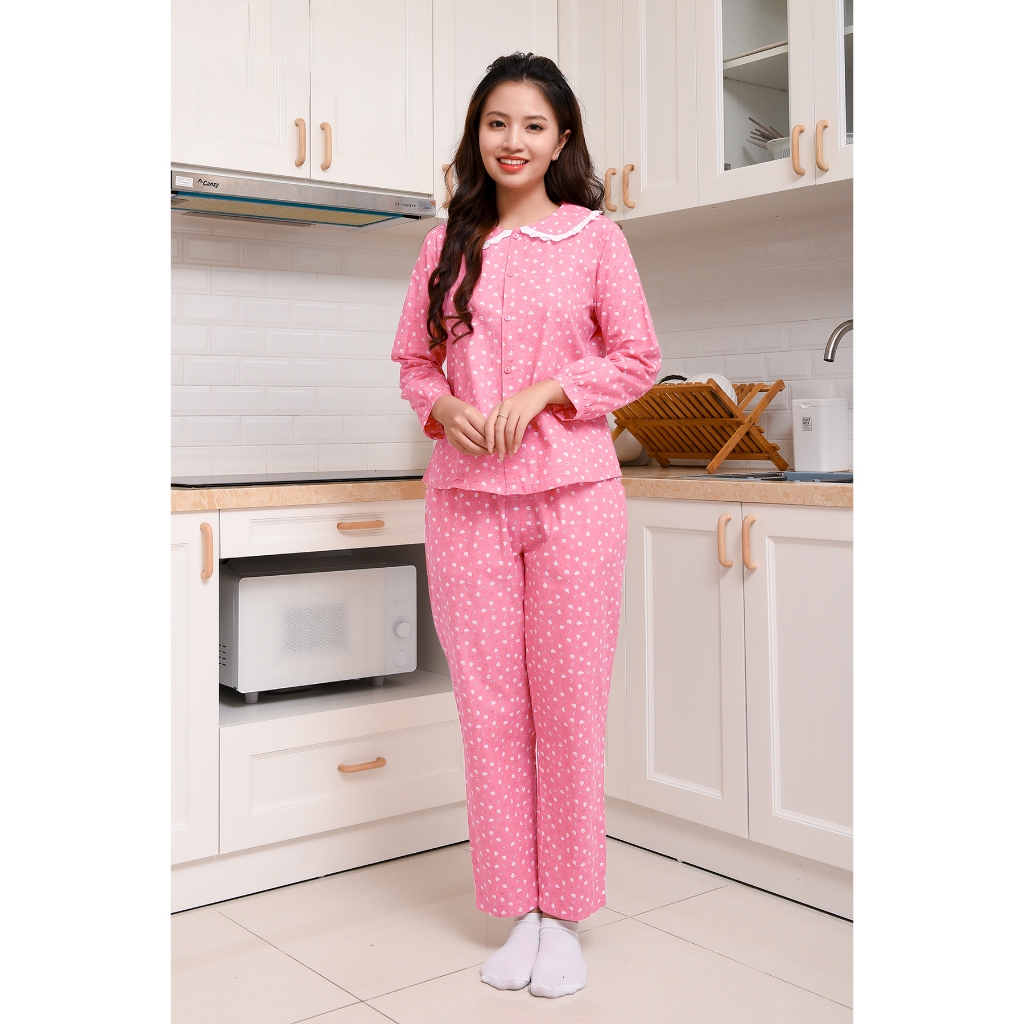 Bộ đồ mặc nhà nữ thu đông chất cotton thời trang gia đình  Việt Thắng, quần dài, áo dài tay - B50.2210