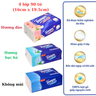 Khăn giấy tempo gói 90 tờ 4 lớp (160x195cm) không mùi/ hương đào / hương bạc hà