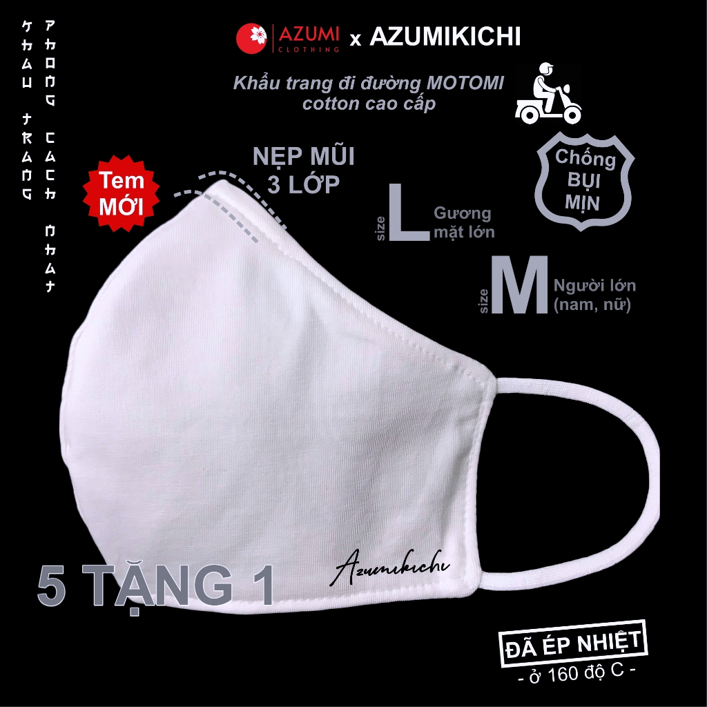 Khẩu trang vải Motomi chống bụi mịn 3 lớp có nẹp mũi Mua 5 TẶNG 1 màu trắng, khau trang thời trang cao cấp Azumikichi B2