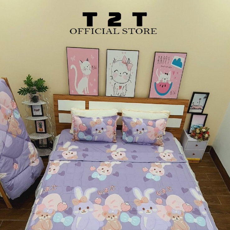 Bộ chăn ga gối hè thỏ tím cotton poly T2T đầy đủ kích cỡ m2/m6/m8/2m2 đệm cao dưới 12p