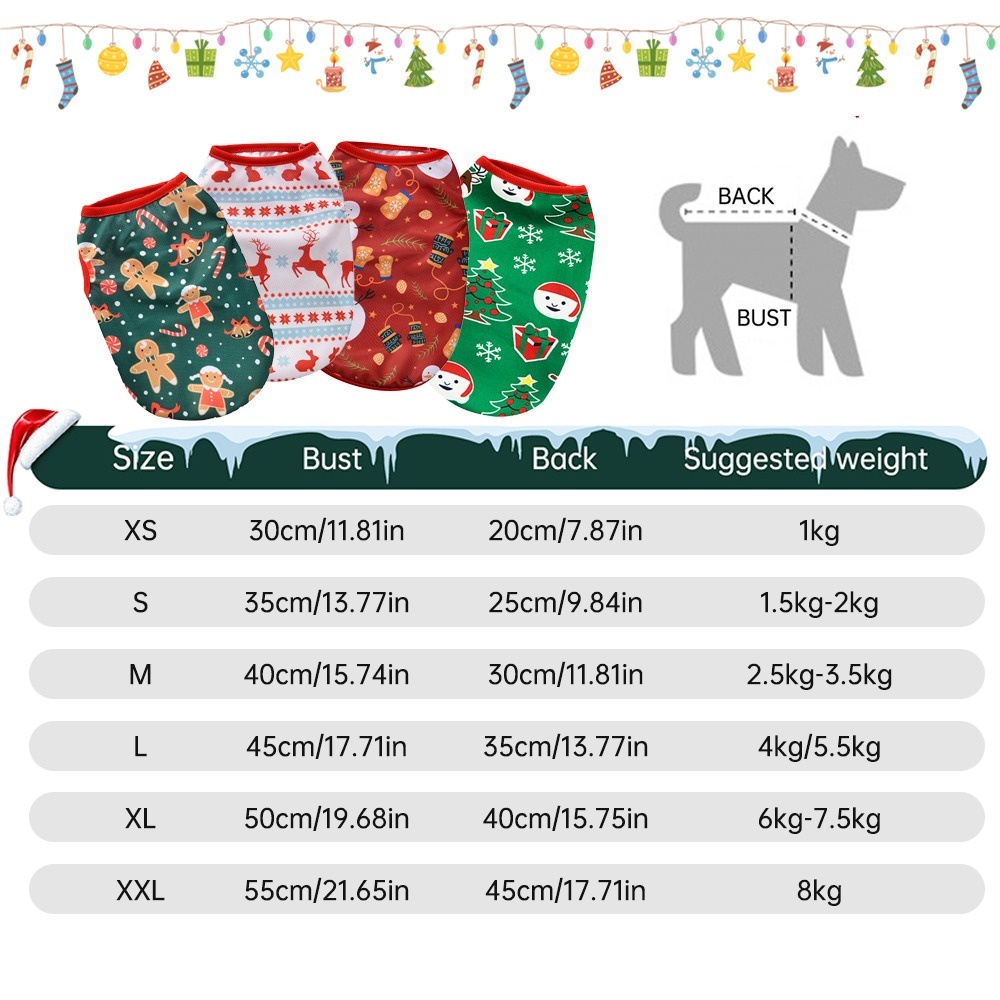 Áo thú cưng ba lỗ Giáng sinh, Áo chó mèo sát nách họa tiết Noel đủ size XS, S, M, L, XL, XXL