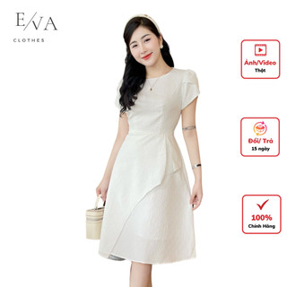 Đầm xòe cổ tròn nhúm vai vạt chéo xốp lụa cao cấp Evaclothes