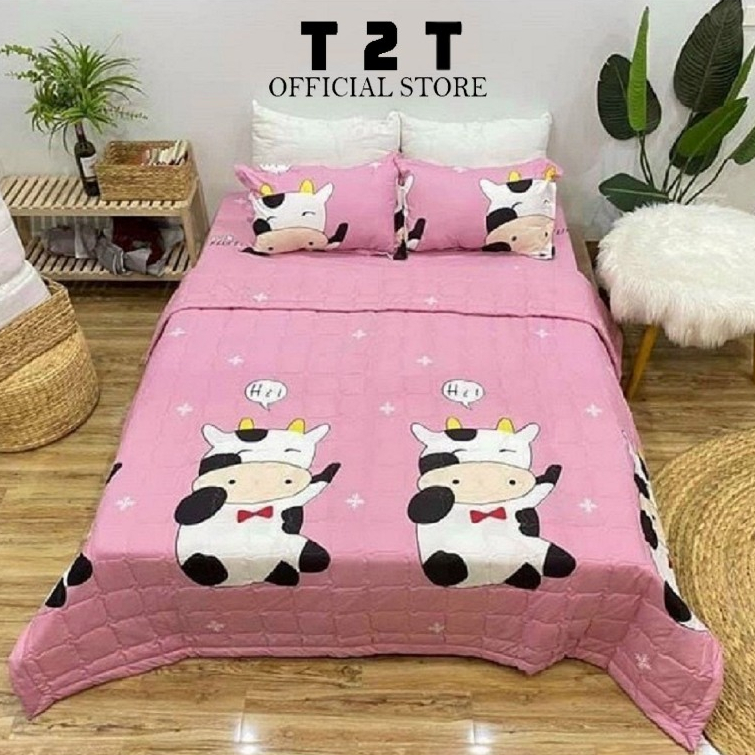 Bộ chăn ga gối hè bò hồng cotton poly T2T đầy đủ kích cỡ m2/m6/m8/2m2 đệm cao dưới 12p