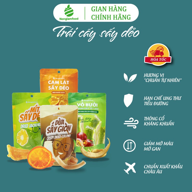 Trái cây sấy ăn vặt tăng đề kháng, ăn kiêng, đẹp da Nonglamfood (Cam lát 45g, Mít 45g, Bưởi chanh dây 45g, Dừa giòn 45g)