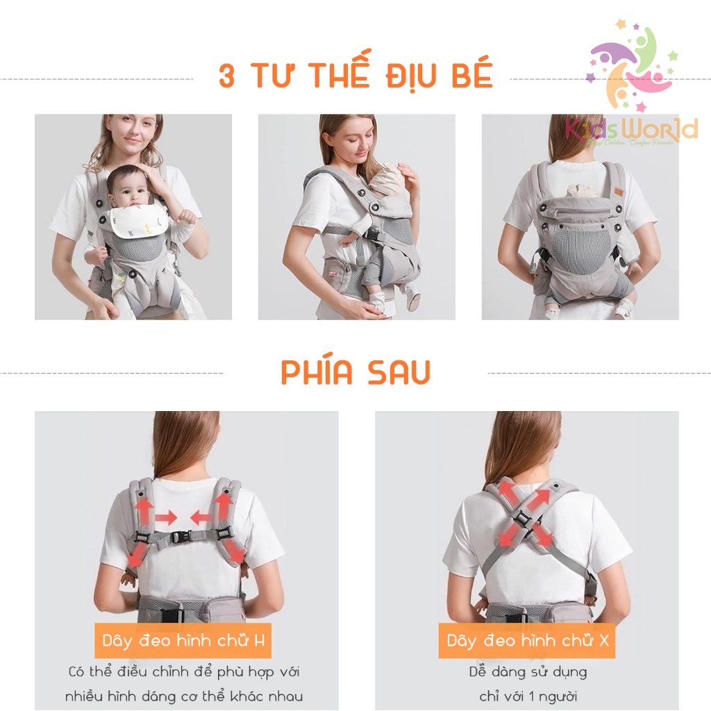 Địu em bé trợ lực KidAndMom 360 Cool Air Mesh đa năng có khăn lau nước miếng mũ trùm đầu đỡ đầu đỡ cổ gọn nhẹ thoáng khí